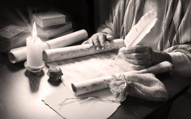 Son zamanlarda İncil 'deki kutsal tanrı hukuku öğretmeni Paul' un posta sayfası boşluğunu kapatın. Kapalı kollu mürekkep. Sanat eseri Peter 'ın günlüğünü çiz. Yahudi kadın kâtip.