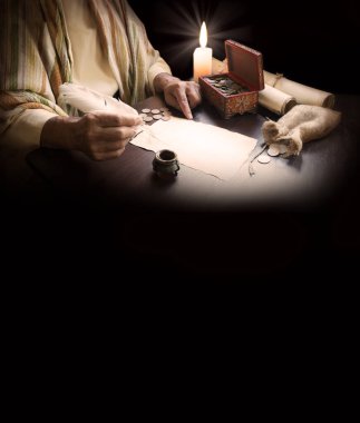 Doğu İsrail Yahudi Arap insan tüccarı. Borç kazancı, açık çanta masası. Geçmiş yıl usur Juda kol kalem kalem kalem metin kağıt kaydırma pazarlık hesap incom 30 maaş anlaşması