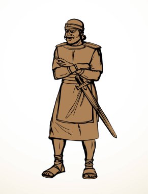 Geçmiş orta doğu üzgün Arap kraliyet kralı David tanrı kahraman zafer kazandı. Kara El beyaz Asyalı Yahudi çapraz savaş saldırısını düşünüyor. Kılıç savaşı, İran giysisi, İncil 'e ait eski hikaye sanatı.