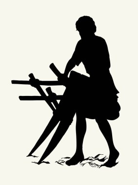 Vektör çizimi. Eski ahşap sabanı olan adam