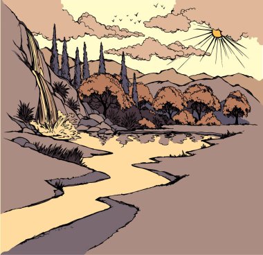 Vektör çizimi. Vadideki nehir