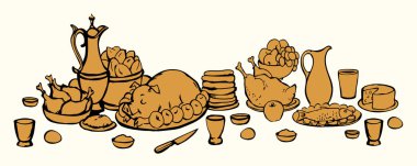 Vektör çizimi. Lezzetli yemek ziyafeti