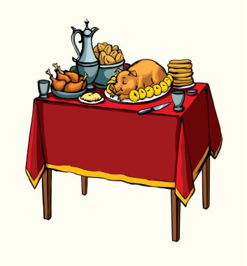 Vektör çizimi. Lezzetli ziyafet yemekleri