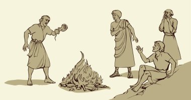 Yaşlı Yahudi namaz kılığına gir, Tanrı 'ya dua et ölü, vahşi, sürüngen dişleri öldür, kol kavgası yap, sıcak, beyaz, deniz kıyısındaki vahşi yaşam sahil kampında öl. İsrailli yahudi adam inanç hikayesi eskizini çizdi.