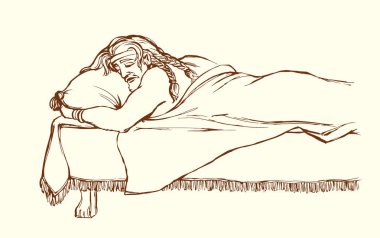 Vektör çizimi. Yatakta uyuyan adam