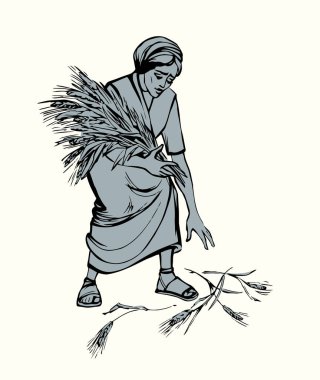 Vektör çizimi. Bir kadın tarlada kulaklarını karıştırıyor.