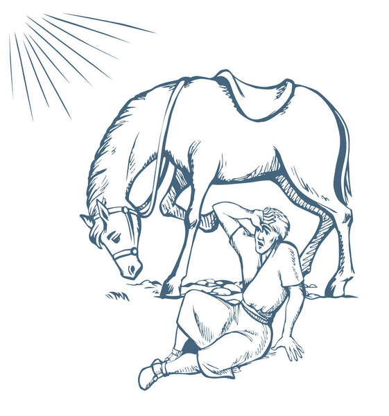 Vector drawing. A man fall from the horse