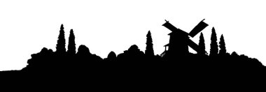 Vektör çizimi. Tarladaki eski değirmen