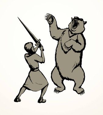 Vektör çizimi. Kızgın bir ayı adama saldırıyor.