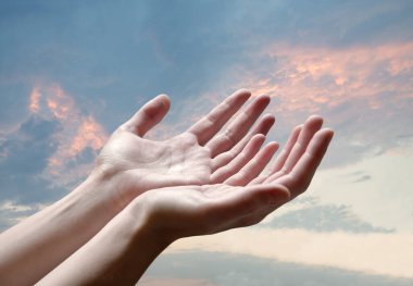 Closeup sacred young teen saint holy israel jew lady hold 2 open cup palm beg wish reach help give bless care divine love Lord life. Old biblic arab male guy boy sin soul spirit thank grace text space