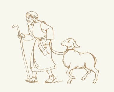Retro antiqu arab biblic art hand drawn jew guy go bring eid ride holy shear fur wool ritual white male calf pet meat food. East asia israel rustic horn herd slave job God pray asian market work story