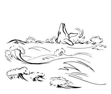 Cute aqua old giant sperm minke fin foam view light sky text space backdrop. black ink pen outline hand drawn big huge deep clear storm biology life eat fauna icon sign logo emblem design art style