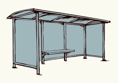 Steel suburb busstop promo ad brand render plastic roof cover canopy glass wall side view white sky text space. Black line hand drawn wait tram chair sign icon symbol modern doodle outline art style