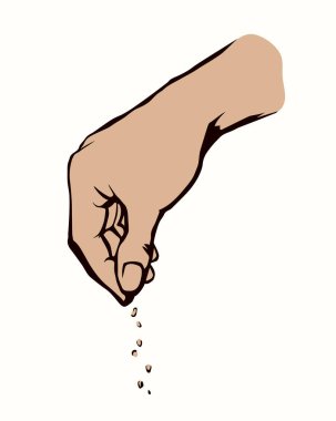 Yakından bak, dişi avuç içi avuçlarını kaldır, kırıntıları tut, küçük mısır tozu ver, beyaz bahar çiftliği gökyüzü mesaj alanı. Siyah kalem çizilmiş baharatlı logo amblemi konsepti retro çizgi çizgi film tarzı