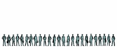 Genç, meşgul, zeki banka üyesi, takım elbiseli adam. Görüntü simgesi ile tanışma konsepti. Siyah el çizilmiş konuşma patron kariyer çantası davası bekle eski sanat karikatürü tarzı beyaz gökyüzü metin alanı