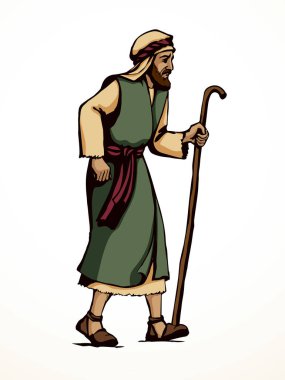 Yetişkin bilge, orta yaşlı erkek Yahudi, beyaz bornoz, baston görünümlü İsrail elbisesi giyer. El çizimi siyah retro müslüman uae uae hindi çöl adam Paul dua Tanrı İsa Mesih inancı yol inanış İslam sanat yolu