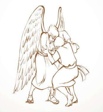 İki yahudi insan dua kolu yarışması kazanır. Dua et de ordu kahramanı beyaz gökyüzü mesaj uzayı kazansın. Koyu siyah çizgi çizilmiş Yahudi rakibi oyun kaslarına karşı gardiyan kavramı simgesi eski antik çağ eskizi sanat stili.