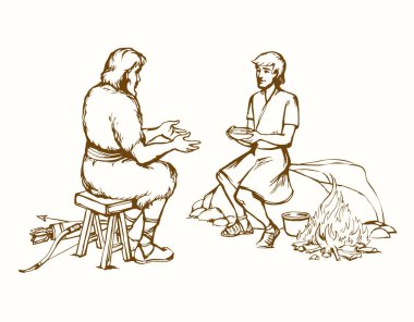 Retro çağ güçlü erkek yay kol ticareti sıcak kırmızı lezzetli yahni sahnesi. Ortadoğu kırsal av asker ailesi siyah çizgili genç Yahudi çocuk Arap kültürü Tanrı inancı hikayenin sanat eskizine inanıyor