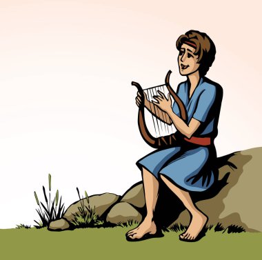 Genç Yahudi hobi erkek çocuk, parmak akoru, Lira Lute notası, dua et de eski moda robot resim çizimi tarzında çizilsin. İsrailli Lord Musevi kız halk sanatları sanatçısı Kral Saul beyaz gökyüzü