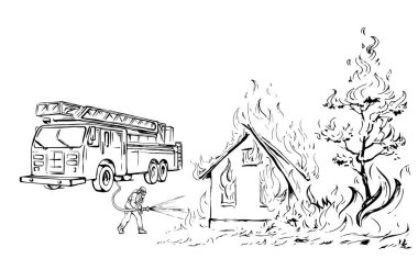 911 urgent car truck hose aid team risk job activity fight hero male try street park tree bush plant bonfire blaze. Hand draw no mean logic effect result save spray humor symbol vector art graphic sky