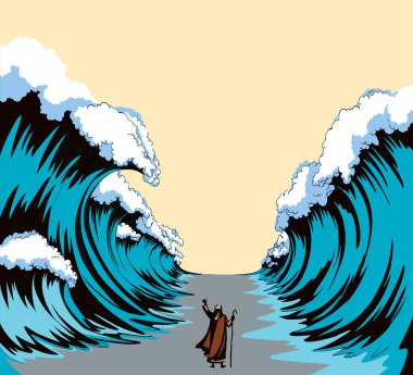 İsrail erkek lider kadrosunun kölelikten kaçtığına inanıyorum. Klasik İsrail sanat eseri çizimleri, el çizimi, karikatür çizimi gökyüzü. Büyük okyanus fırtınası ayrı pesach Seder Law Wonder sahnesi