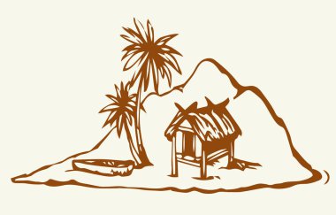 Eski yalnızlık turistik tatil beldesi deniz kumu çöl beyaz gökyüzü. Siyah el, 1 bali konsept logo simgesi tabela sahnesi çizdi. Retro sanat karalama çizgisi çizgi film baskı tarzı gezi manzarası