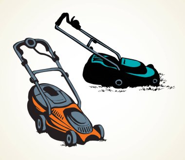 Modern kulplu tırpan aygıtı beyaz zemin boşluğunda metin için tırpalıyor. Freehand ana hatları siyah mürekkep el çizimi çim makas ev işi makine logo amblem resim tasarımı resim karalama tarzı yarım yamalak