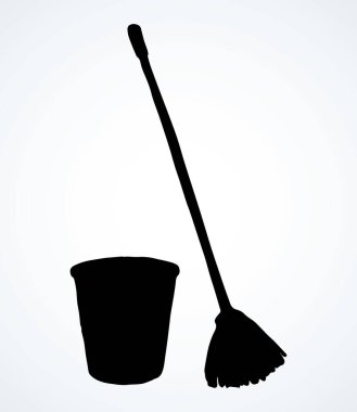 Beyaz oda metin uzayındaki çöp yumağı nesnesini temizleyin. Siyah el çizimi, sağlık sıvısı temizleyici bez küvet kovası logosu. Retro çizgi çizgi film sanatı görünüm çöp kutusunu kapatın