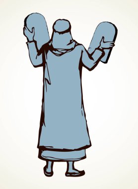 Antik İsrail erkek ruhani lideri Haham ayağa kalktı ve Tanrı 'ya 10 kural simgesi logosunu hazırlaması için dua etti. Klasik kilise sanat eseri çizimi karikatür talmud mektup hikayesi. Beyaz Doğu Arap insan görünümü bornoz kostümü