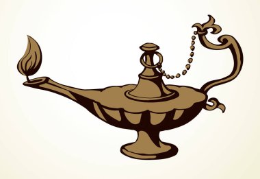 Yakın plan, beyaz masa boşluğunda eski, kilden yapılmış gazyağı kampı şişesi. Siyah mürekkep çizilmiş el, altın kutsal peri efsanesi sihirli alladin rüya, lütfen logo işareti, kutsal çizgi film stili.