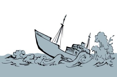 Antik ahşap paslı büyük fırkateyn alt direği beyaz gökyüzü metin uzayında kalır. Ana hatları siyah el çizilmiş derin denizcilik batık rüzgar sorun galleon logo işaret simgesi çizimi sanat retro doodle çizgi çizgi tarzı