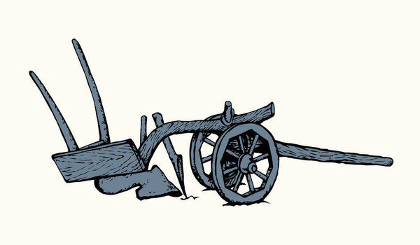 Крупный план черные чернила ручка нарисованы большой лошадью ручной вырезать работу возрасте деревянного устройства. Закрыть ржавое железное лезвие металла клинок быка труда логотип иконки знак истории древней ржавчины искусства гравировки etch мультяшный стиль белого неба