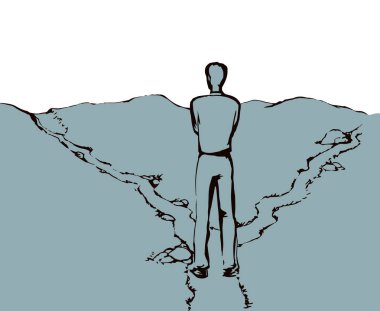 Muhtemel 2 ikilem, yanlış sol sokak yürüyüşü, seçilmiş yolculuk. Renkli çizgili el çizimi insan hareketi pozu. Alan rotası simgesi işareti çizimi. Modern sanat karikatürü tarzı. Arka gökyüzü görünümünün arkasında