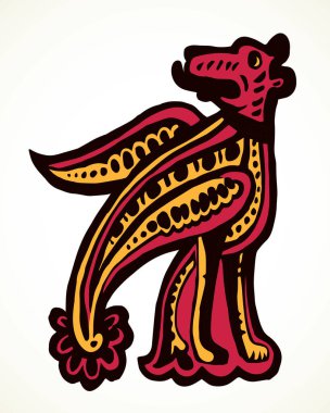 Fantezi halk memelisi beyaz kağıt desenli element. Taslak siyah renkli mürekkep, vahşi köpek kafası logosu amblemi çizilmiş. Klasik kapanış barbarlığı Galyalılar Alman ulusal sanatçı kitap aslanı etiketi