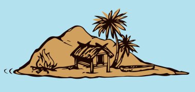 Eski yalnızlık turistik tatil beldesi deniz taşlı çöl mavi gökyüzü. Siyah el, 1 bali konsept logo simgesi tabela sahnesi çizdi. Retro sanat karalama çizgisi çizgi film baskı tarzı gezi manzarası