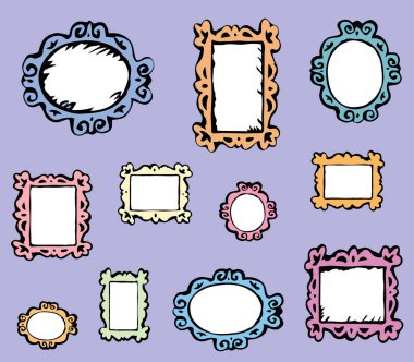 Kırsal kare kart seti. Siyah mürekkep boyalı kalem el çizimi oval rokoko deko sanatçısı bayrak logosu işareti pictogram hatlı çizgi roman tarzı. Kapalı görünüm beyaz ambalaj kağıdı