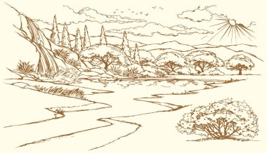 Vektör çizimi. Vadideki nehir