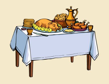 Vektör çizimi. Lezzetli ziyafet yemekleri