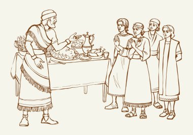 Vektör çizimi. Daniel ve arkadaşları kralın yemeğini reddediyor.