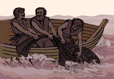 Vektör çizimi. Teknede üç adam var.