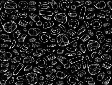 Yağsız domuz yağı, domuz budu, pirzola, bıçak, aperatif, beyaz arka plan. Kırmızı çizgi çizili natur buğulama kuzu eti sosis sosis, pirzola dükkânı öğle yemeği menüsü simge retro resim tasarımı tasarımı