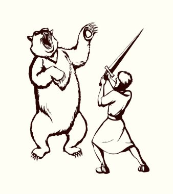 Vektör çizimi. Kızgın bir ayı adama saldırıyor.