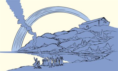 Vektör çizimi. Nuh, Tanrı 'ya kurban sunuyor.