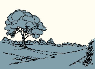 Eski koyu siyah çizgili kalem el çizilmiş sonbahar tatili meşe ağacı çalı sahnesi incil karalama sanatı tarzı. Sanatçı Pond Creek sahil sahili akçaağaç tepe açık gökyüzü metin alanı incili sanat eserleri