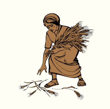 Vektör çizimi. Bir kadın tarlada kulaklarını karıştırıyor.