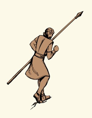 Rus çağını geçtiğimizde güçlü kraliyet erkek kralı David muhafız kahraman atla Tanrı 'ya beyaz gökyüzü manzarası için dua et. Siyah çizgili el çizilmiş Yahudi insan kaybetti dövüş dümeni retro orta Asya Arap İncilsel hikaye çizim simgesi