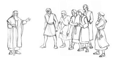 Yetişkin yaştaki Müslüman ağabeyi beyaz gökyüzü görüşüne tapıyor. Eli çizilmiş üzgün yahudi arkadaş etnik adamın vaaz verdiğini görüyor musun? Dua et, gerilim olayı, geçmişe dönük sanat eskizi.