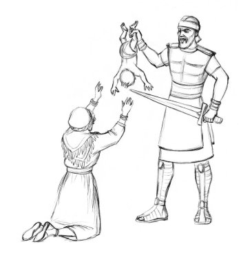 Yarı yahudi küçük çocuğu bölmek, yargıcın acı çekmesi, gözyaşı savaşı diye bağırması. El işi yaşlılık, doğu, kötü düşman, silahşör, savaşçı, şövalye, saldırı, zavallı ölü Yahudi kız, sanat eskizi.