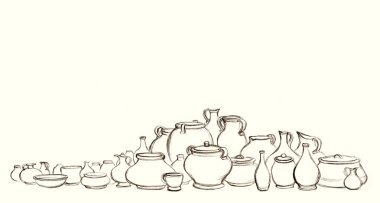 Yakın çekim İncil grubu bir sürü boş kırsal şarap şişesi bardak seti. Kırsal toprak yiyeceği, çamur sütü kavanozu, el işi, İncil 'de geçen sanatçının yetenek sembolü, hatıra ürünü.