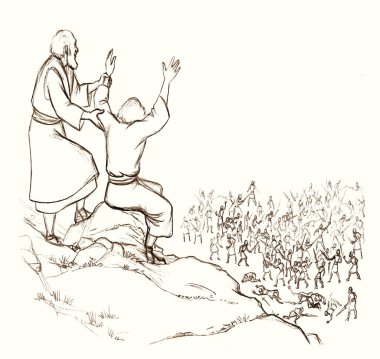 Holy jew power armor knight force israeli history elder senior age male arm rise up ask beg God legion high hill top land white sky scene. Jewish fighter defence symbol retro biblic story sketch art